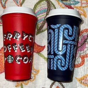 Starbucks set of 2 coffee cups 16oz reusable coffee cups with lids blue and red
